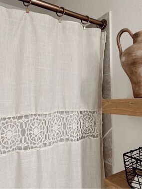 Opalhouse Cream Linen-Style Shower Curtain with Crochet Lace Panel and tassels